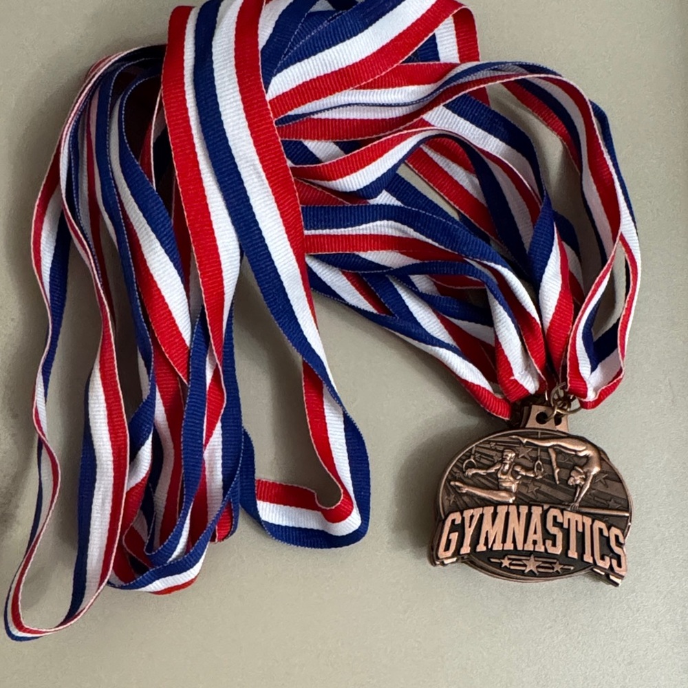 6 Bronze Gymnastics Medal with Red, White, and Blue Ribbon